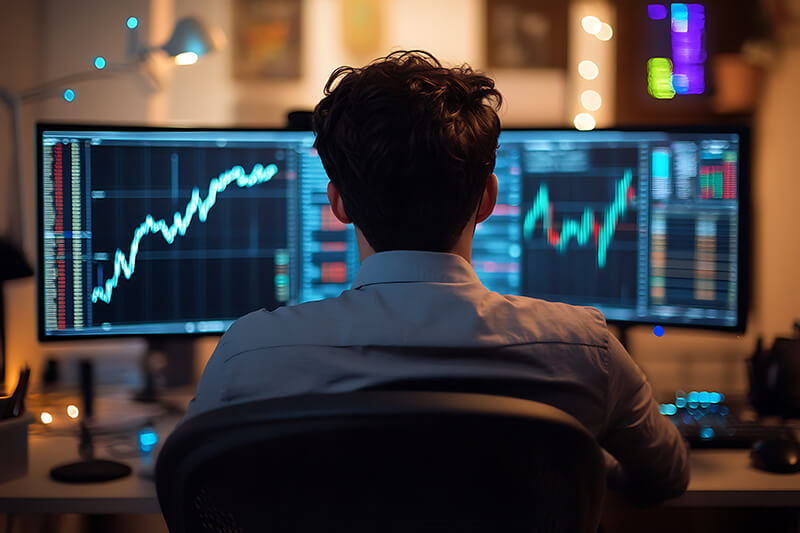 comerciante focado analisar as tendencias mercado em monitores duplos