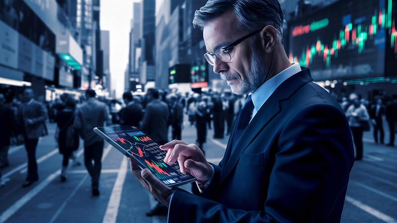 homem verificar dados mercado de acoes no tablet
