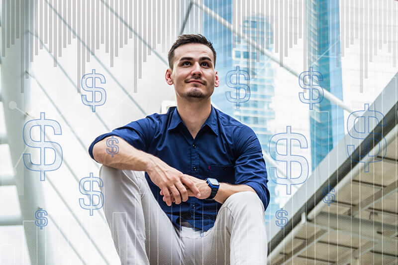 imagem composta digital de um homem com sinal de dolar sentado na cidade