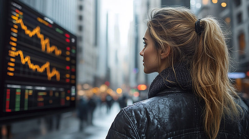 mulher jovem observando dados mercado financeiro exibidos em uma grande tela ao ar livre em uma rua movimentada da cidade