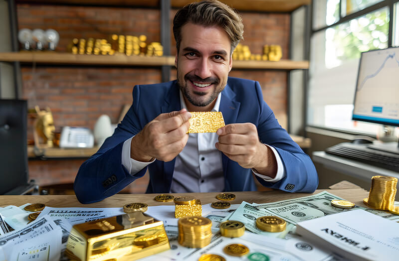 um homem esta comendo uma moeda de ouro e uma pilha de dinheiro em uma mesa