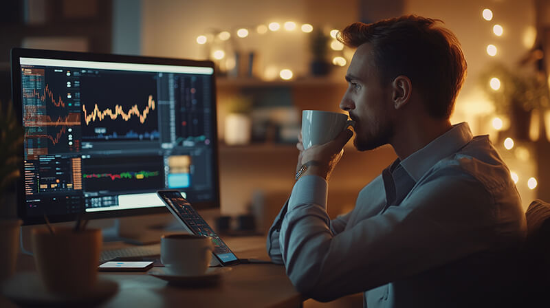 um homem na frente de um computador com um grafico mostrando que e um grafico grafico