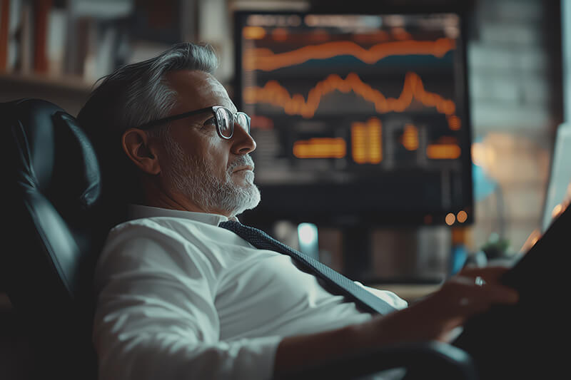 um investidor determinado senta se num escritorio moderno analisar graficos financeiros num grande ecra
