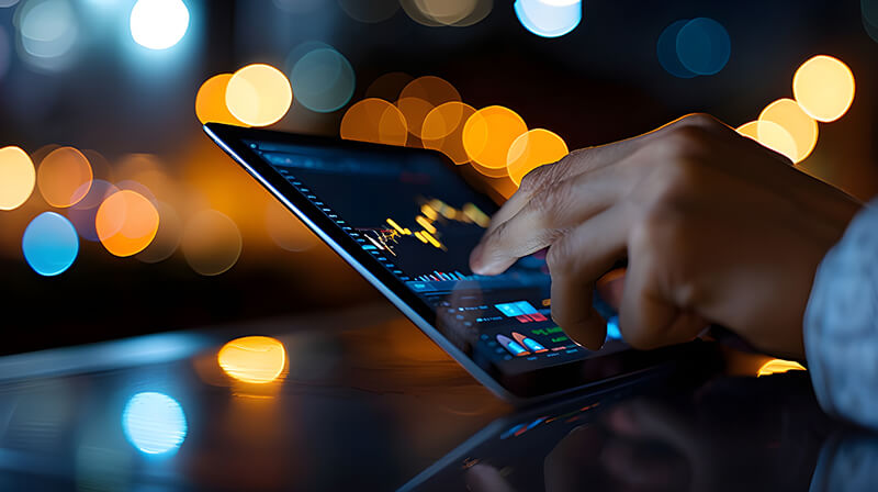 um investidor usando uma plataforma de investimento line em um tablet graficos dinamicos de acoes e visualizacoes de dados