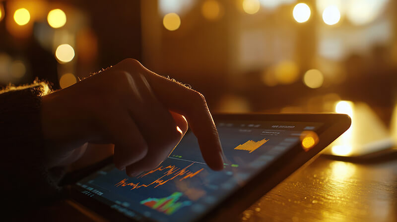 uma mao interage com um tablet exibindo dados financeiros e graficos em um ambiente quente