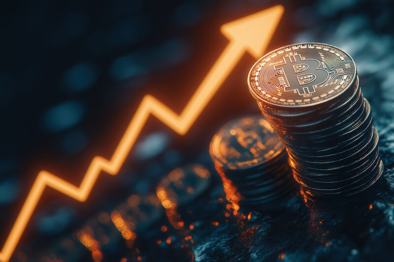 uma pilha de moedas de bitcoin com uma flecha brilhante para cima no fundo simbolizando o crescimento 1